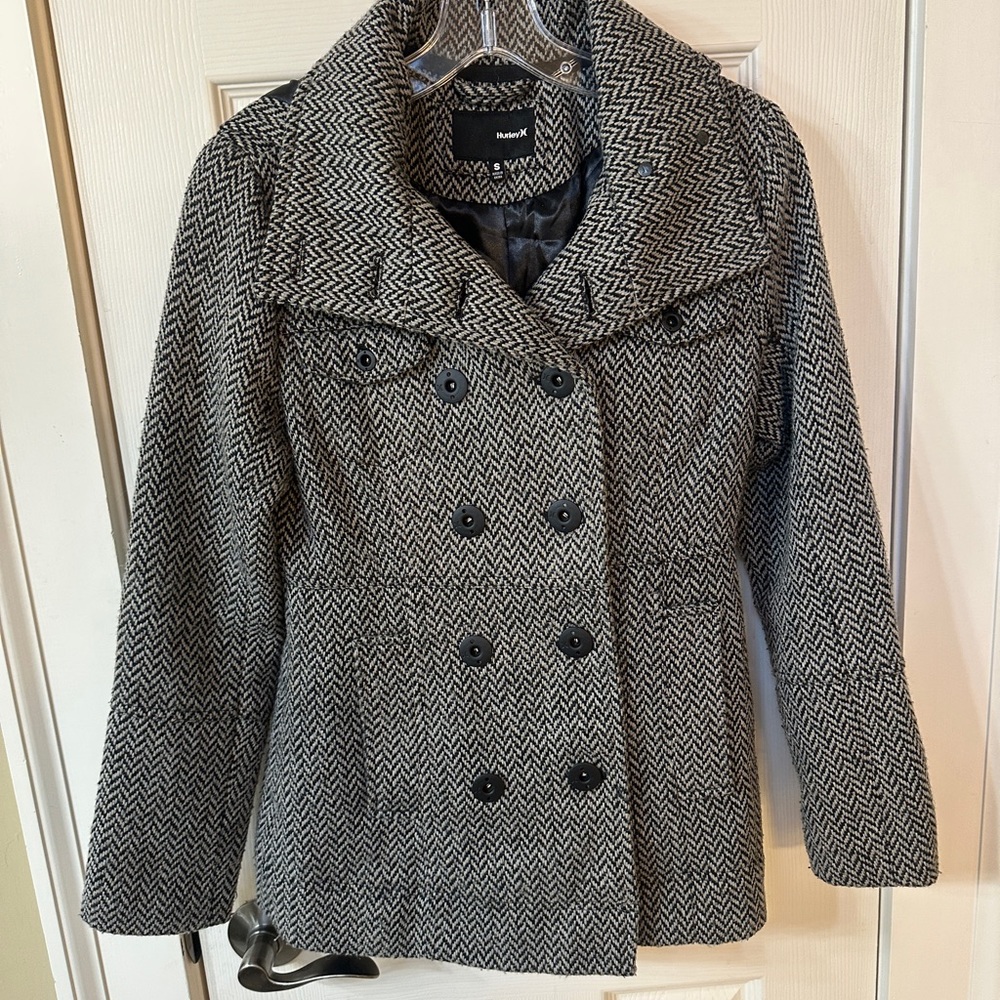 Hurley Wool Blend Double Breasted Herringbone Textured Tailored Classic Jacket S - Picture 2 of 4